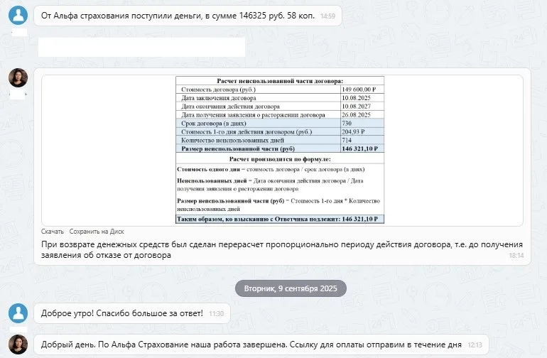 09.09.2025 г. - Вернули 149 600.00 руб. за услуги АО "Альфастрахование" клиенту из г. Москва