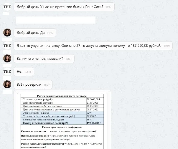 16.09.2025 г. - Вернули 207 000.00 руб. за услуги ООО "Ринг-Сити" клиенту из Московской области