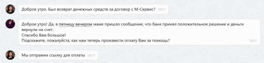 02.02.2026 г. - Вернули 95 000.00 руб. за услуги ООО "М-Сервис" клиенту из Воронежской области