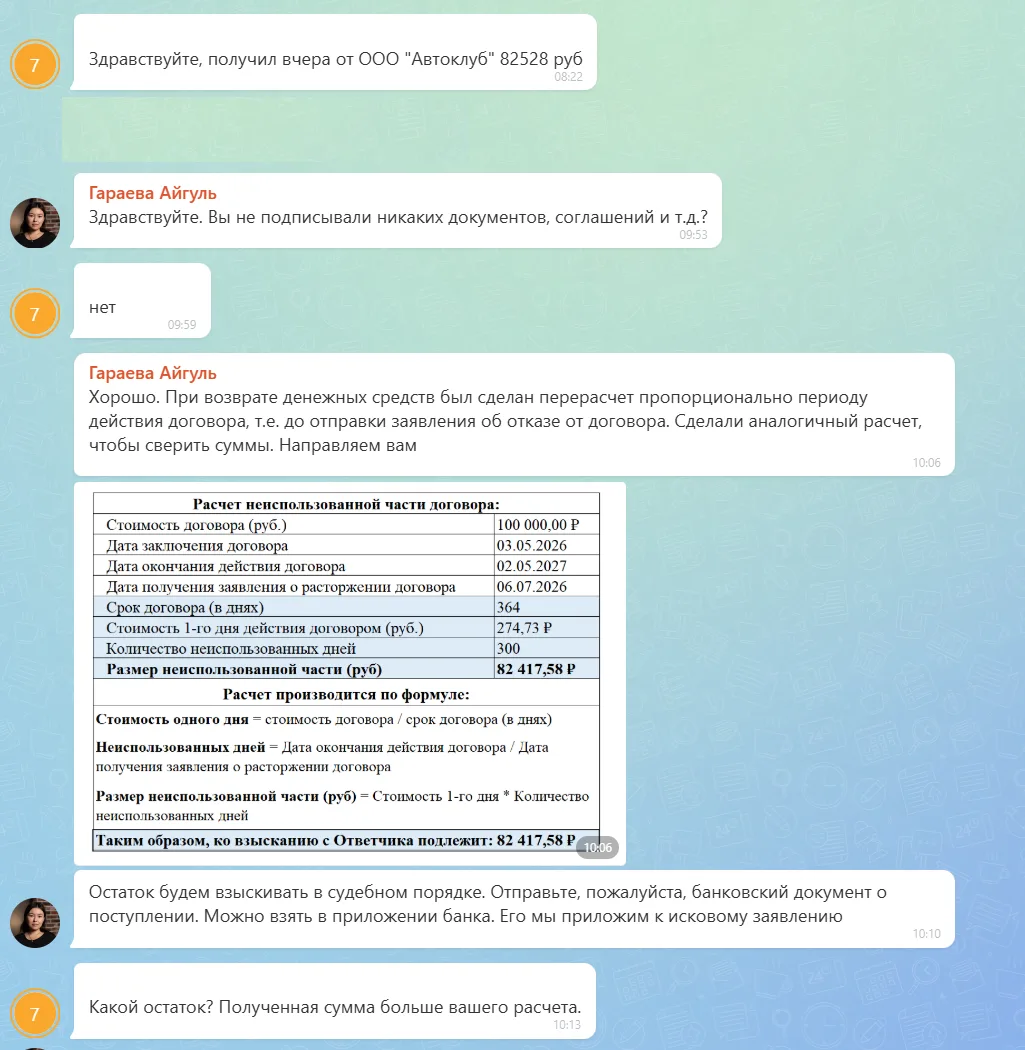 07.08.2026 г. - Вернули 100 000.00 руб. за услуги ООО "Автоклуб" клиенту из г. Санкт-Петербург
