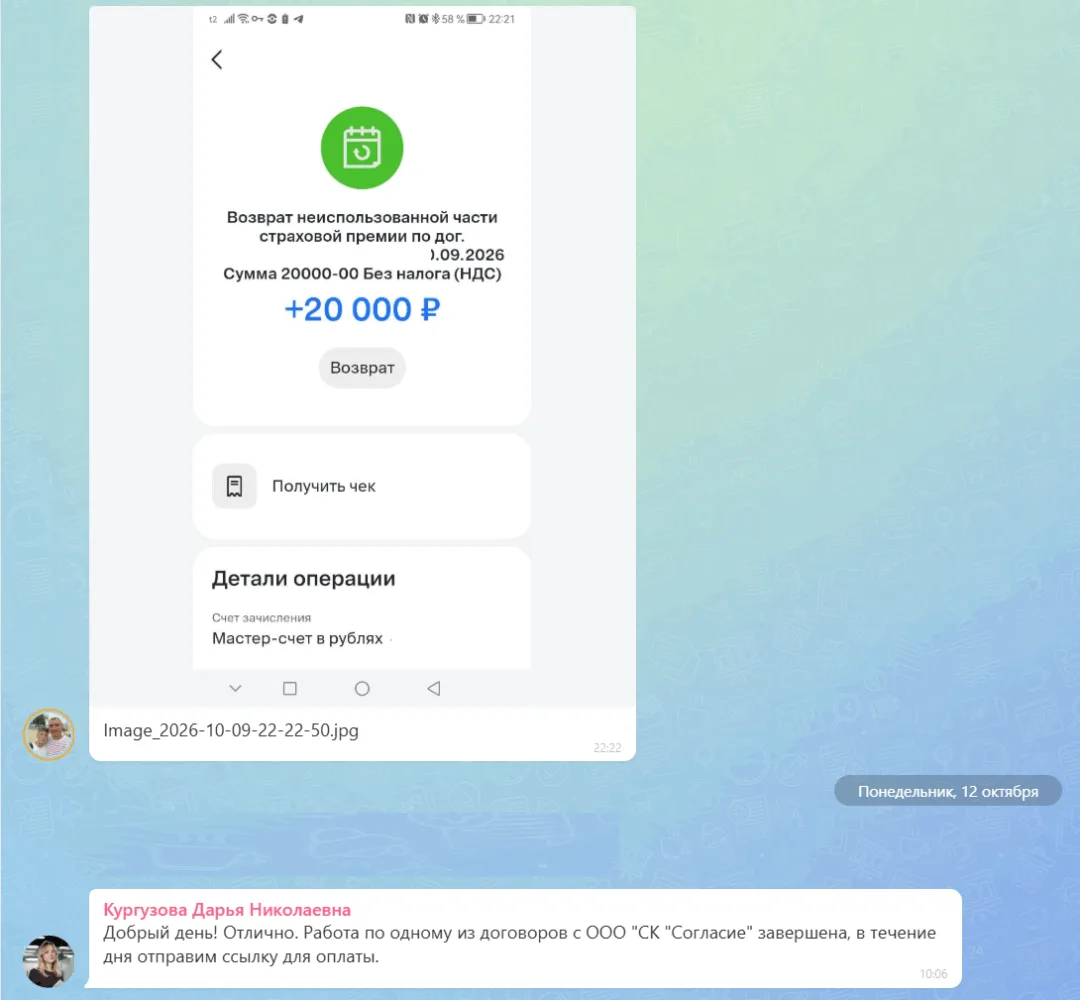 12.10.2026 г. - Вернули 20 000.00 руб. за услуги ООО "СК "Согласие" клиенту из Московской области